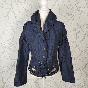 Crisca Navy Crinkle Shawl Collar Artsy Button Front Blazer